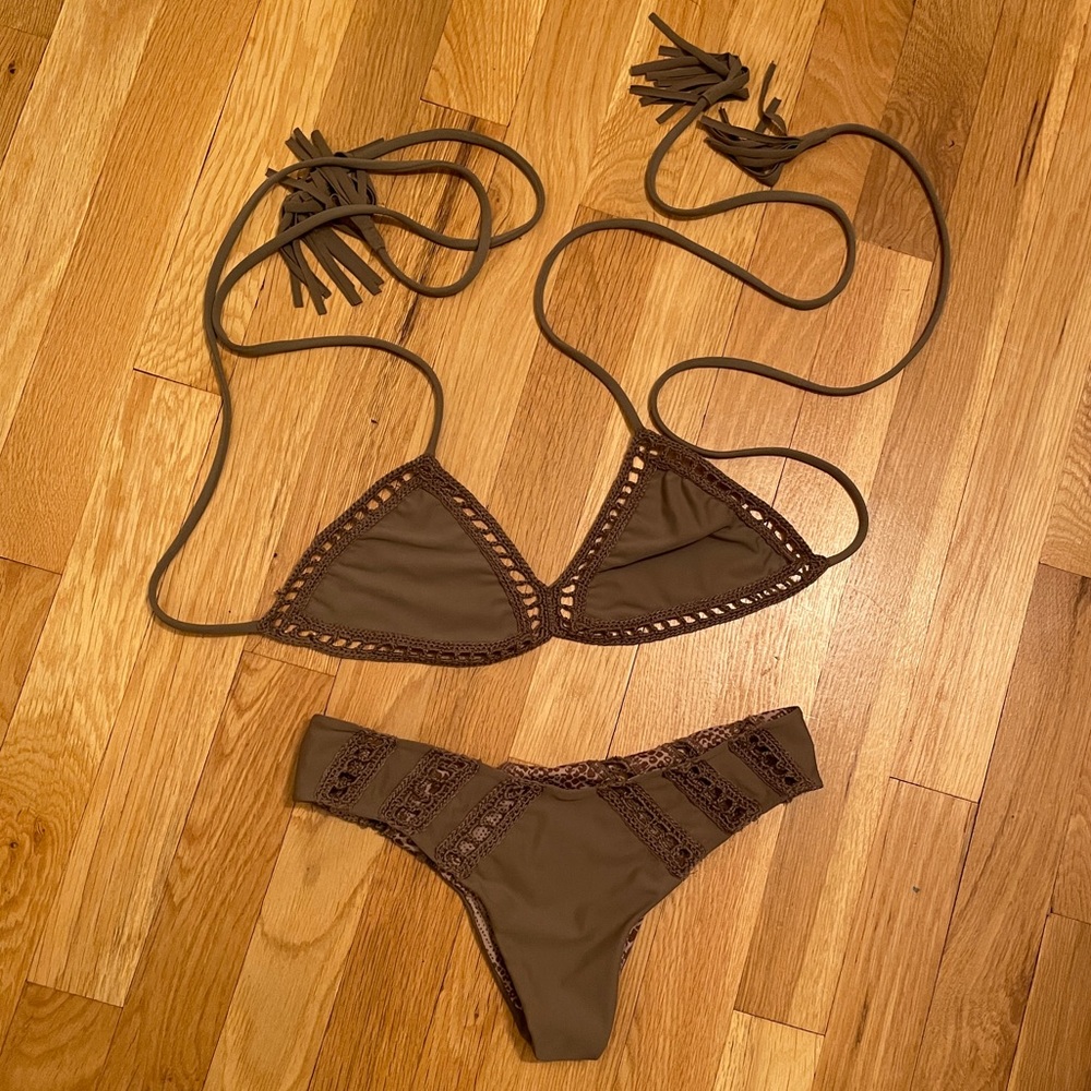 Acacia Bikini Swimsuit - Crochet Detailing - Size Small - Light Brown Color